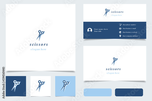 Scissors logo design with editable slogan. Branding book and business card template.