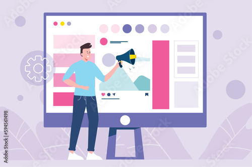 Social marketing violet concept with people scene in the flat cartoon design. Marketer distributes social advertising on the Internet. Vector illustration.