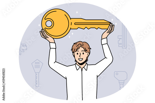Real estate and accommodation concept. Smiling man standing holding big key in raised hands buying or renting new apartment house or car vehicle sale vector illustration