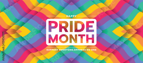 Happy Pride month text on abstract waving rainbow pride symmetrical texture background vector design