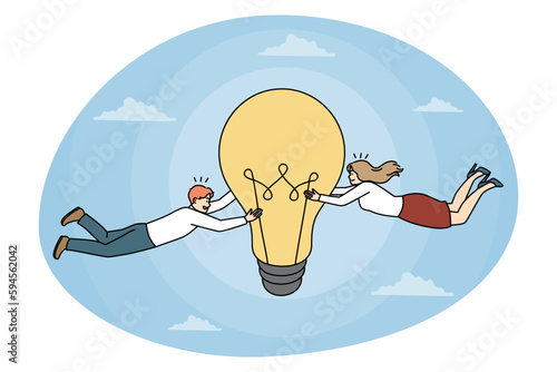 Business creativity and Teamwork concept. Young smiling partners colleagues teammates having great innovative idea reaching for success in business vector illustration