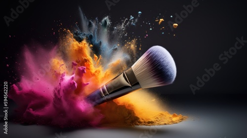 Big soft makeup brush that emits a burst of colorful dust, makeup or cosmetics concept. Generative AI