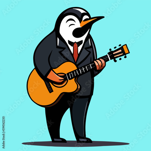 Cute mascot design for a penguin holding a guitar, music-playing, flat cartoon design