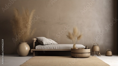 Fototapeta Naklejka Na Ścianę i Meble -  Warm neutral wabi sabi style interior mockup with low sofa, jute rug, ceramic jug, side table and dried grass decoration on empty concrete wall background. 3d rendering