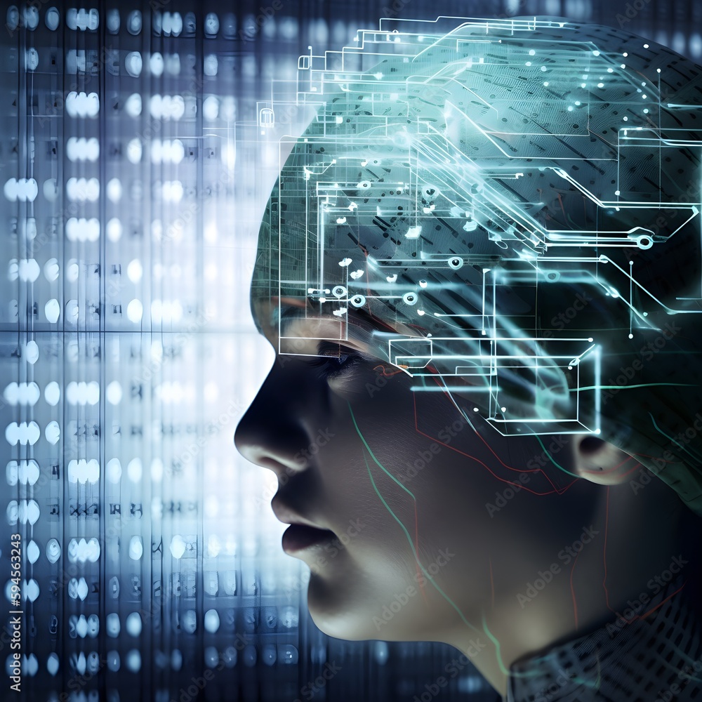 Obraz premium Illustration of human using artificial intelligence. the concept of the smart brain is shown, in the style of cyberpunk dystopia, ethereal transparency, process-oriented, digital as manual. AI