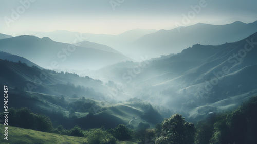A serene image of a misty mountain valley, with layers of hills fading into the distance, surrounded by a tranquil atmosphere and subtle shades of green and blue