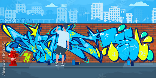 Colorful Outdoor Urban Streetart Graffiti Wall With Drawings Against The Background Of The Cityscape Vector Illustration