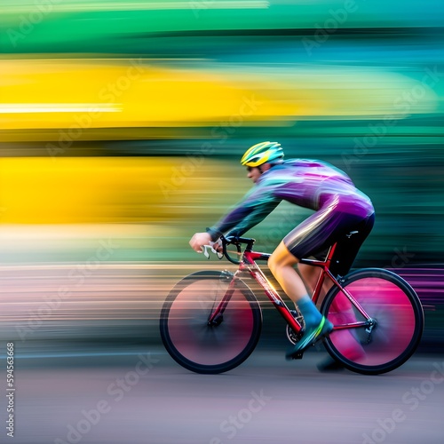 Motion blurred picture of male cyclist driving fast through the nature on his bicylce.