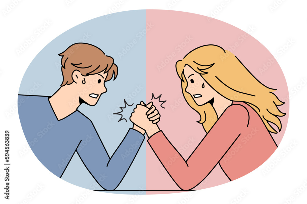 Gender conflicts and sexism concept. Furious Male and female competing in arm wrestling representing gender conflicts between each other vector illustration Gender conflicts and sexism concept. Furious Male and female competing in arm wrestling representing gender conflicts between each other vector illustration