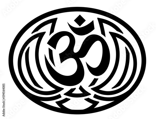 Stylized OM symbol on the background of lotus and inside an ellipse. Element or template for design