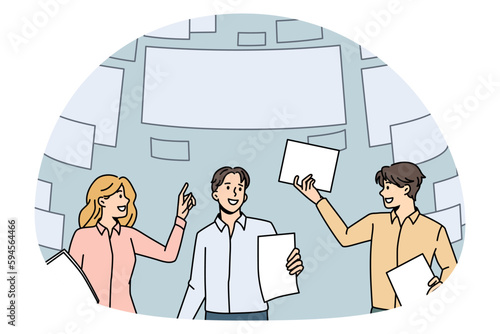 Document flow in business concept. Group of young business partners teammates standing with papers and flying documents above vector illustration