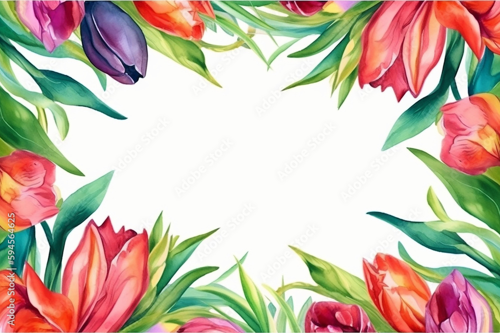 Watercolor drawing of a frame made of tulips with empty white space inside the frame. Tulips. Generative AI