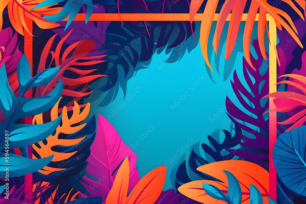 Bright, colored tropical leaves on a blue background, with an empty space in the center. With Generative AI tehnology