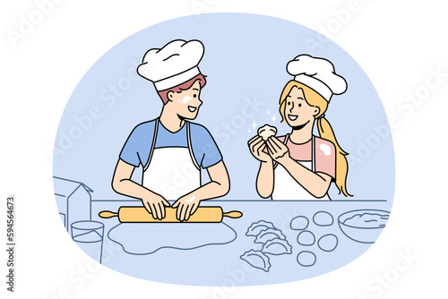 Baking and leisure fun concept. Happy excited children kids standing wearing chef hats cooking baking dumplings together in kitchen vector illustration