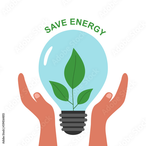 Save energy concept vector illustration on white background. Plant inside lightbulb in flat design.