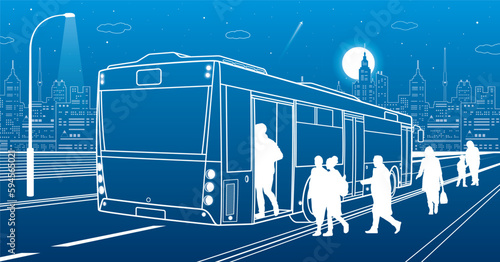 City transportation infrastructure illustration. Passengers get off the bus. people walk down the street. Night town on background, vector design art