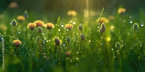 forest flour in the morning after the rain  sunny spots  colorful and beautiful flowers grow on a green grass