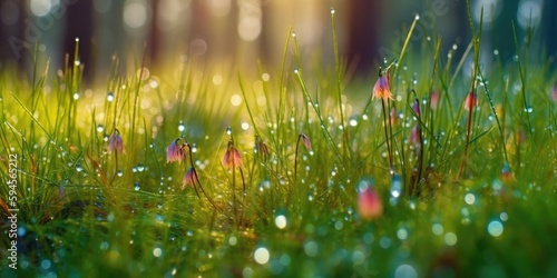 forest flour in the morning after the rain, sunny spots, colorful and beautiful flowers grow on a green grass