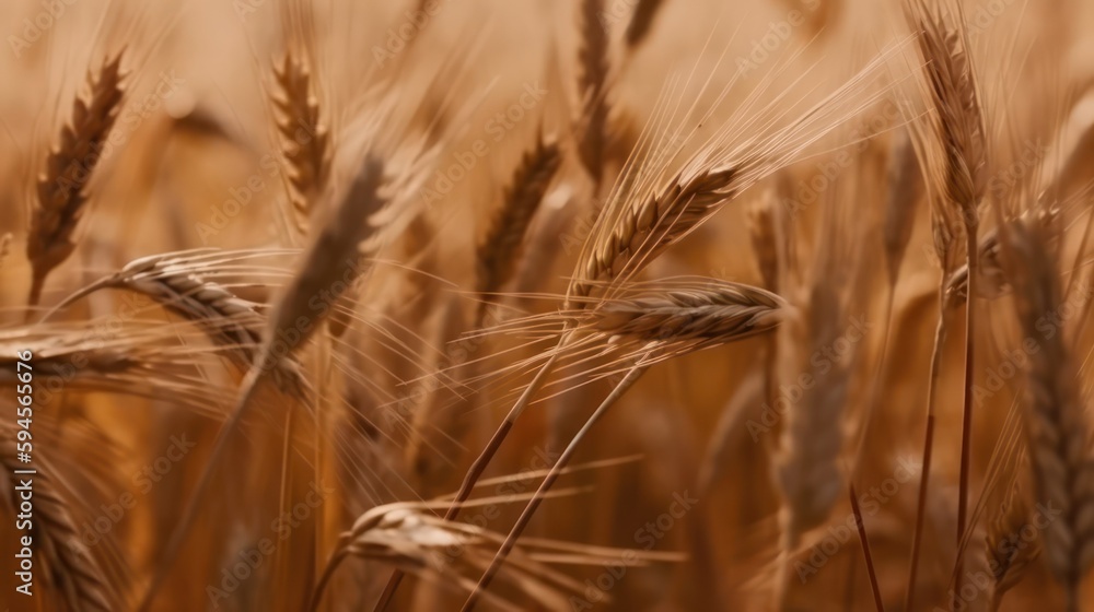The growth of nature's harvest. Natural product of wheat fields. Ears of golden wheat close-up. Rural scene under sunlight. Summer background of ripening ears of corn landscape. The growth of nature's harvest. Natural product of wheat fields. Ears of golden wheat close-up. Rural scene under sunlight. Summer background of ripening ears of corn landscape.