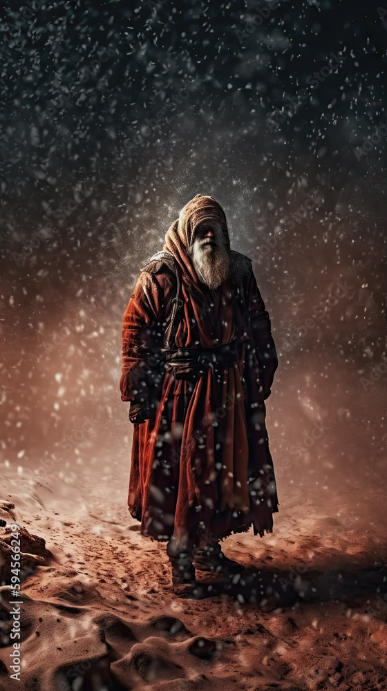 Fototapeta premium AI generated Mysterious Santa Claus walking through snowstorm in city street at night