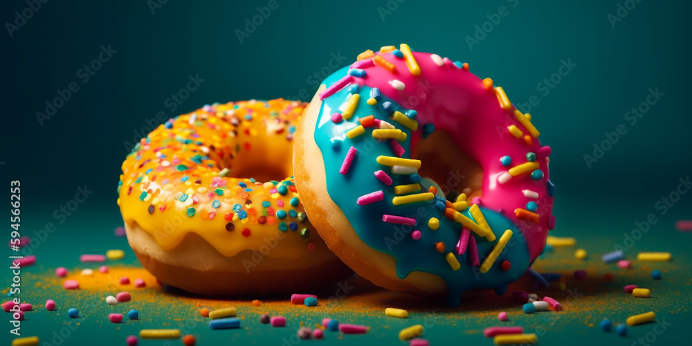Two donuts with brilliant colors for a commercial. Generative AI