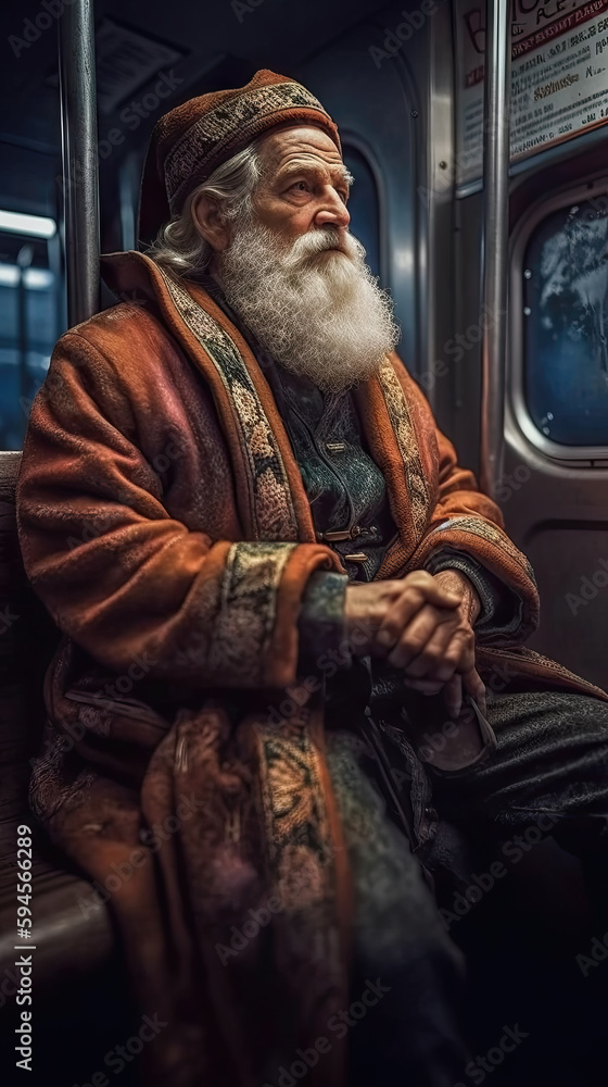 AI generated santa claus sitting in train or subway