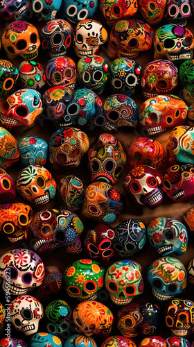 AI generated pattern of colorful skulls with different colors. Halloween background