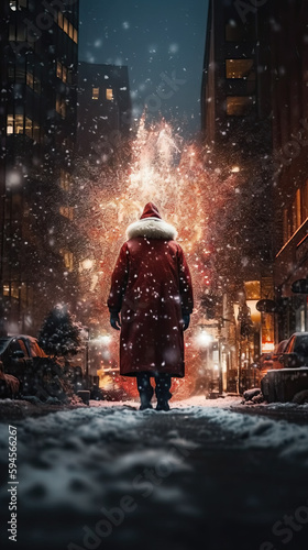 AI generated Mysterious Santa Claus walking through snowstorm in city street at night