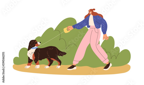 Woman leading cute doggy on leash. Dog walker, pet owner walking with Sennenhunds breed puppy outdoor. Happy girl with canine animal at stroll. Flat vector illustration isolated on white background