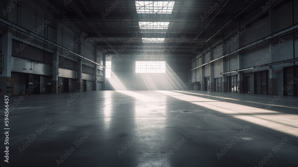 Large modern empty warehouse, photorealistic illustration. Generative art