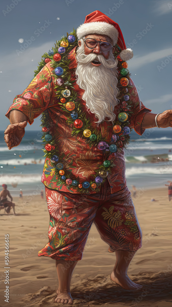 AI generated Santa Claus on the beach. Christmas and New Year holidays concept