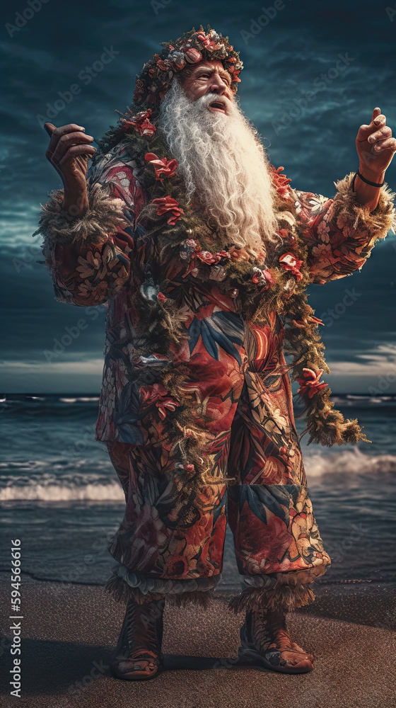AI generated Santa Claus on the beach. Christmas and New Year holidays concept
