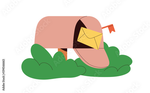 Envelope in open post box. Paper letter in outdoor postbox, postal letterbox. Receiving mail, message, information, correspondence concept. Flat vector illustration isolated on white background