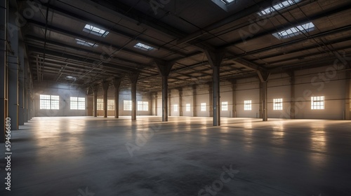 Large modern empty warehouse, photorealistic illustration. Generative art