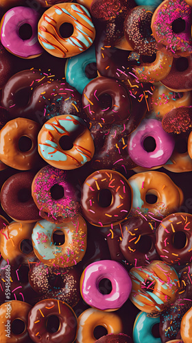 AI generated Colorful donuts background. Top view. Flat lay. Food background