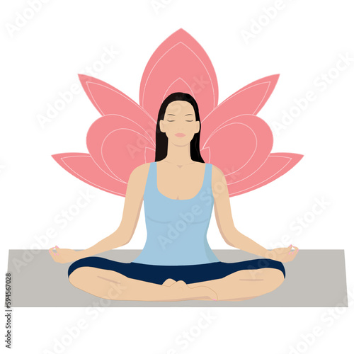 Beutiful girl in yoga lotus pose. Practicing yoga. Vector illustration. Young and calm woman meditates.
