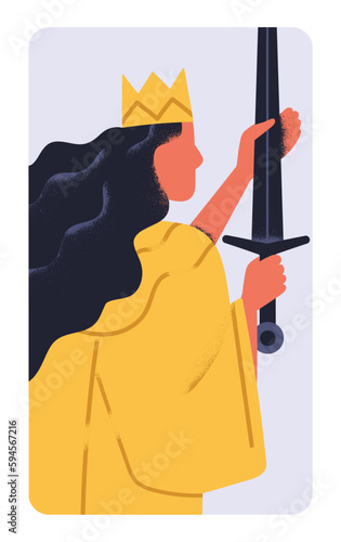 Crowned Queen with sword in hand. Woman warrior goddess holding blade weapon, symbol of war. Victory, independence, authority, power, concept metaphor esoteric card. Flat vector illustration