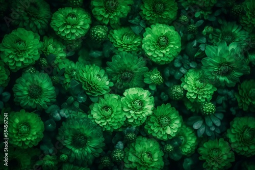 wall of bright green flowers background. generative AI