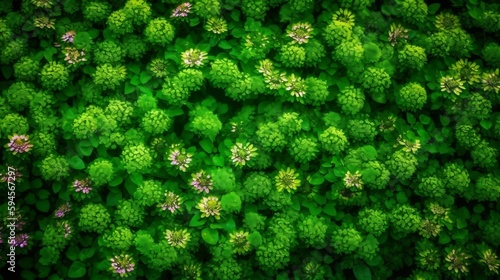 wall of bright green flowers background. generative AI