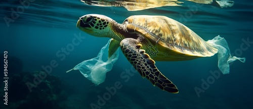 Turtle swims in the sea, plastic bags, environment concept. Generative AI © BraveSpirit