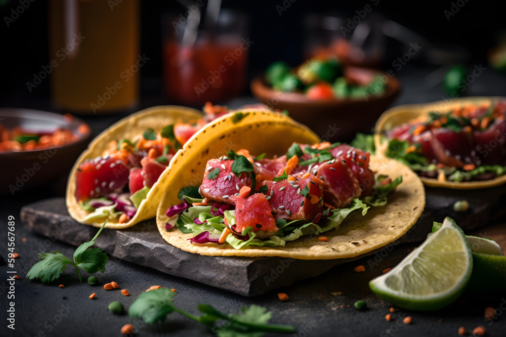 Mexican appetizer poke tacos with fish, mix of cultures, fusion. With Generative AI tehnology - obrazy, fototapety, plakaty 