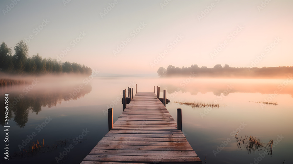 A peaceful image of a wooden dock extending over a calm lake at sunrise, with pastel-colored reflections on the water and a hazy, tranquil atmosphere