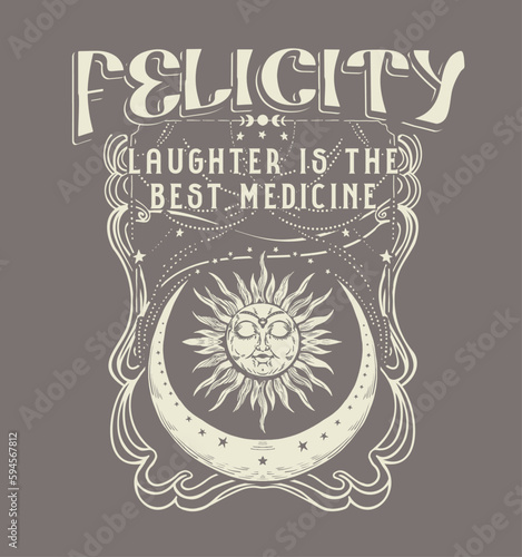 Felicity,SLOGAN.Retro 70's psychedelic hippie element illustration print with groovy slogan for man - woman graphic tee t shirt or sticker poster - Vector
