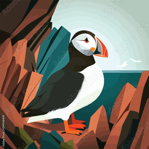 Puffin in arctic cliffs. Arctic birds in natural habitat. Flat vector illustration concept. Generative AI