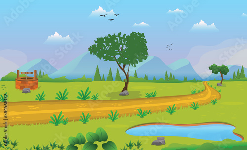 Vector illustration of a beautiful natural landscape cartoon background with lake, trees.