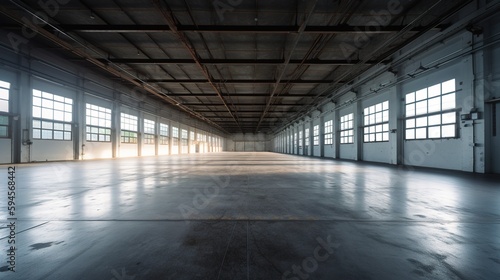 Large modern empty warehouse  photorealistic illustration. Generative art