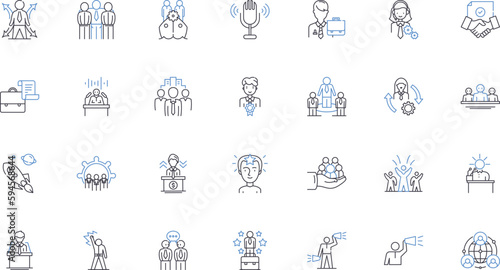 Governance system line icons collection. Accountability, Authority, Bureaucracy, Checks, Balances, Clarity, Collaboration vector and linear illustration. Commercialization,Compliance,Constitution