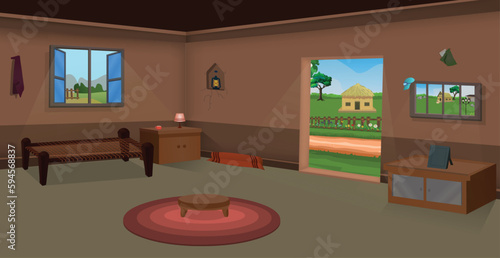 Village room inside vector, poor mud house room interior cartoon background illustrations.