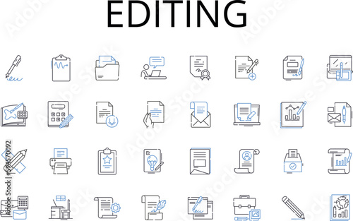 Editing line icons collection. Proofreading, Reviewing, Touch-up, Polishing, Revising, Refining, Correcting vector and linear illustration. Scrutinizing,Improving,Redrafting outline signs set