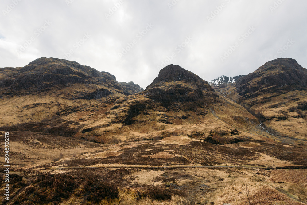 Panoramic view on the West Highland Way over valley of Glen Coe Highlands of Scotland, UK.